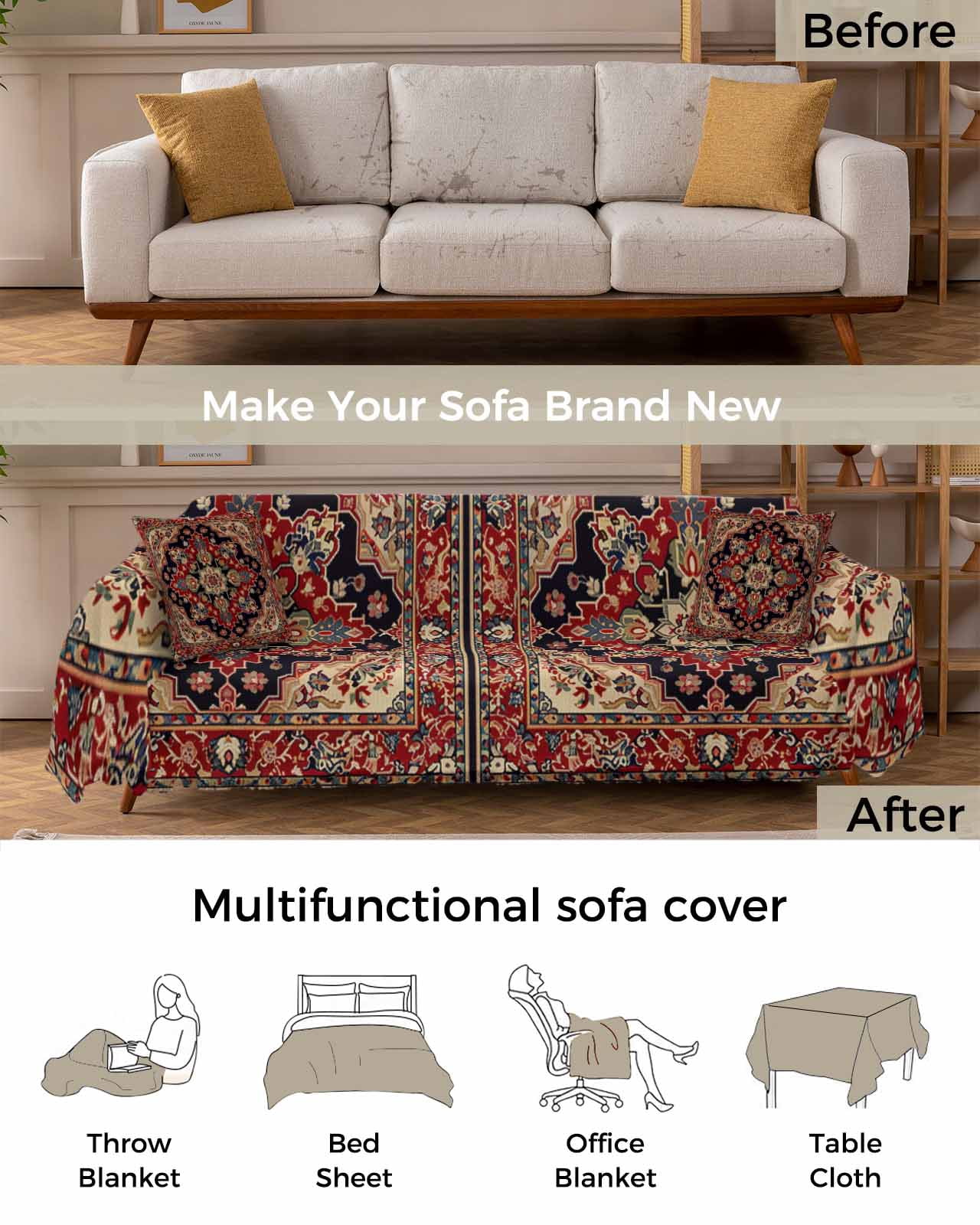 Red Bohemian Mandala Flower Sofa Couch Covers for Dog,Washable Sectional Couch Slipcovers for Loveseat with Tassels,Western Rustic Tribal Medallion Non Slip Sofa Throw Cover Blanket Large 71x102