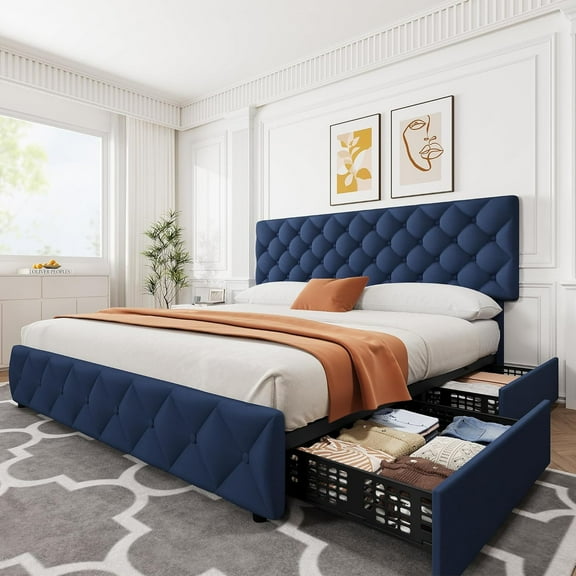ChaoLink King Bed Frame, with 4 Storage Drawers & Adjustable Headboard, Blue