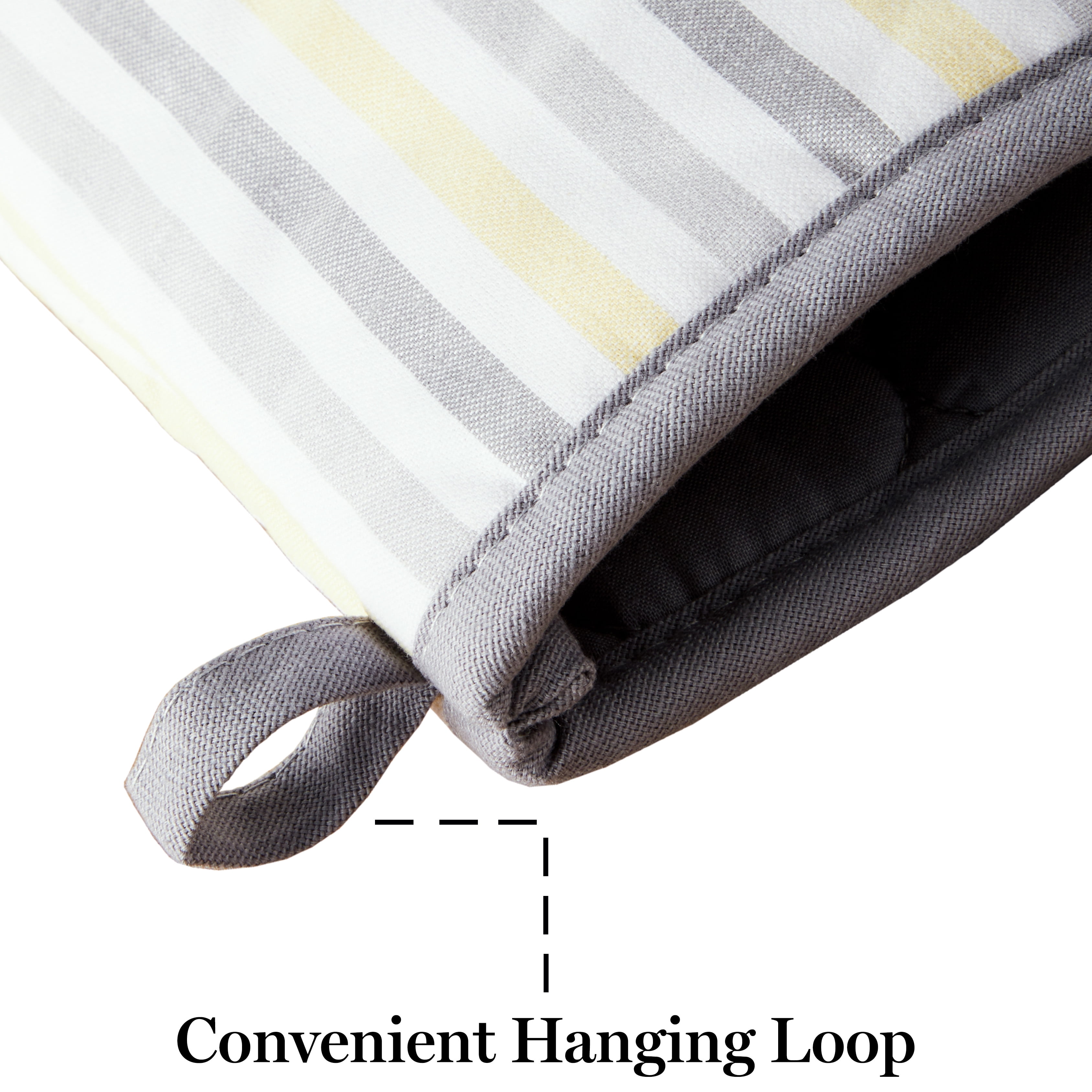 Martha Stewart Daisy Stripe Oven Mitt Set 2-Pack, Grey/Yellow, 7"x13"