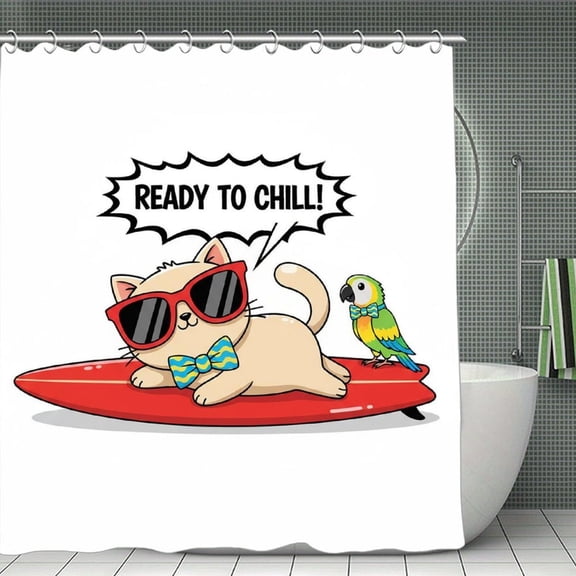 Surf's Up Chill Cat Print Shower Curtain,Modern Fabric Waterproof Shower Curtain Set with Hooks 70.8×70.8Inch (180×180cm)
