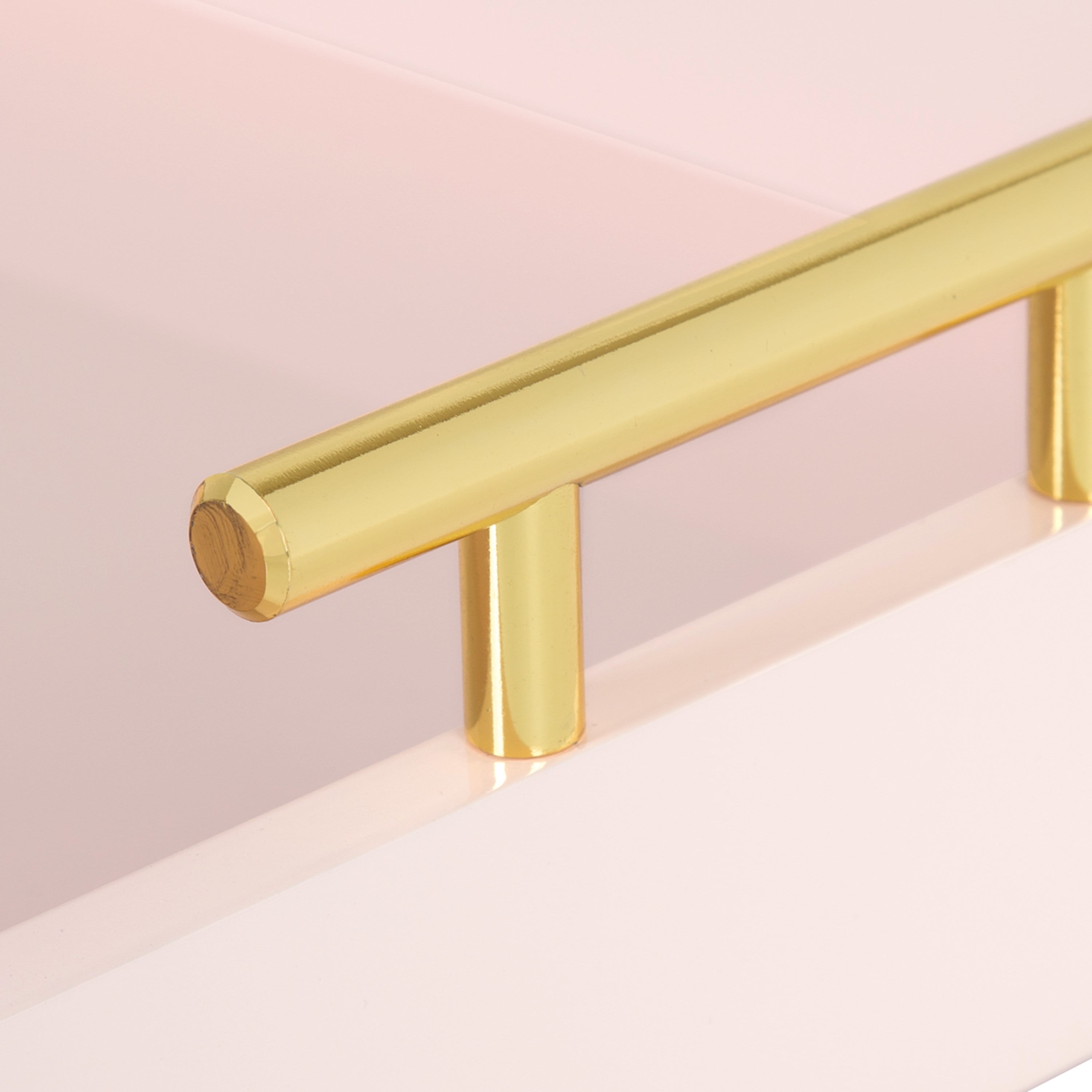 Kate and Laurel Lipton Decorative Modern Tray, 16.5 x 12.25, Pink, Glossy Pink Serving Tray with Polished Gold Handles for Hosting, Home Decor, and Storage