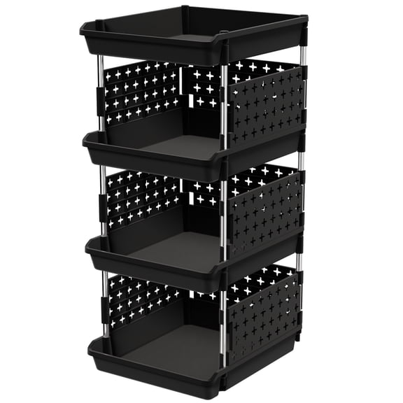 Lifewit Plastic Stackable Storage Baskets, 4 Tier Stacking Bins 13.8"D x 11.8"W x 28.3"H, Large Capacity Multi-Functional Containers Shelves for Pantry, Playroom, Kitchen and Bedroom, 1 Pack, Black
