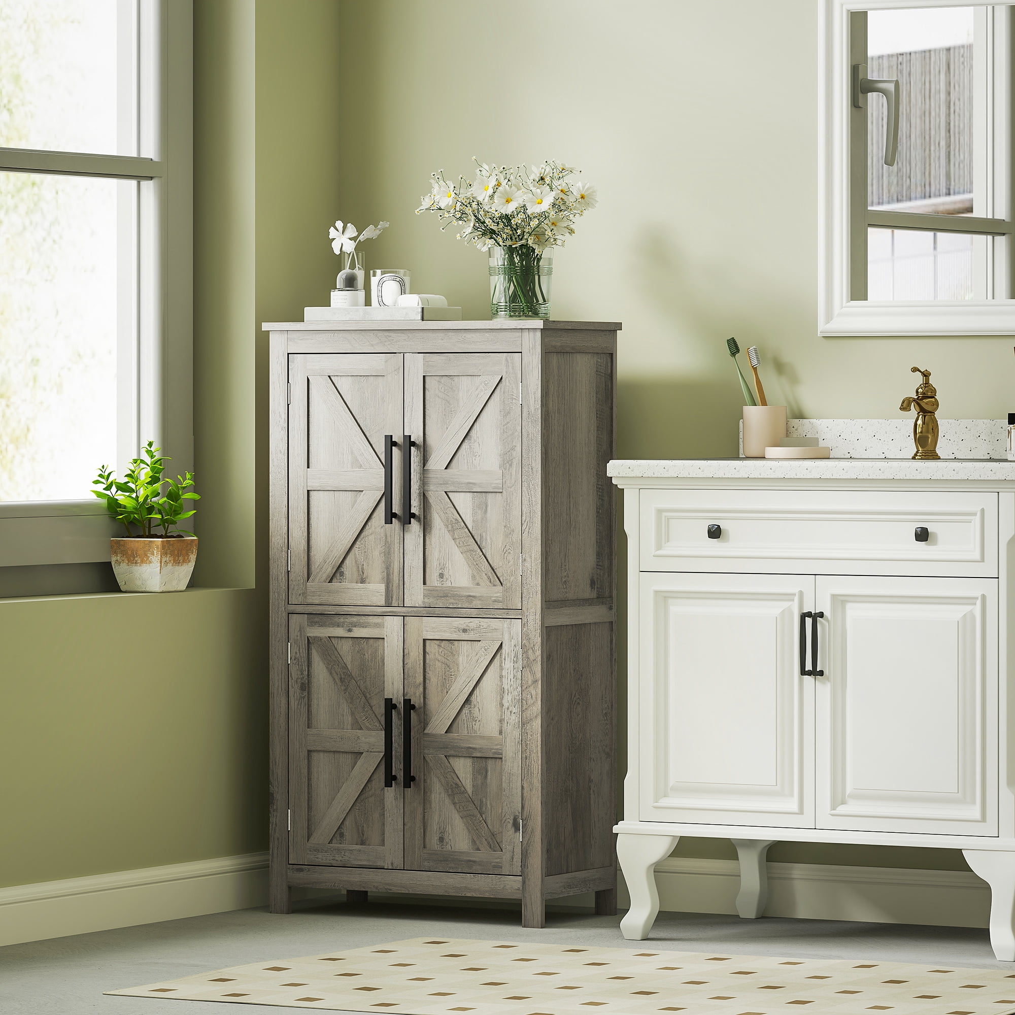 HOMCOM Bathroom Floor Cabinet, Bathroom Cabinet with Doors, Light Gray