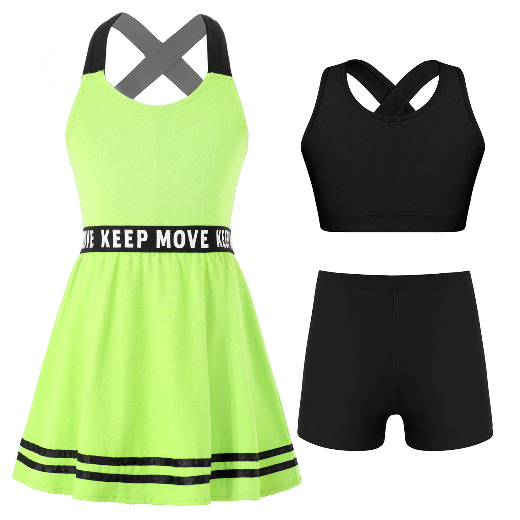 Miutii 3Pcs Kids Sports Tenins Outfits Girl Athletic A-line Dress with Racerback Bras Vest and Shorts Fluorescent Green 12