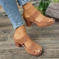 thumbnail image 3 of Rokment Womens Platform Chunky Block High Heels Dress Slides Sandals Boho Beach Summer Casual Leather Fish Mouth Open Toe Slip on Heeled Slippers for Ladies 2026 Khaki Size 9.5, 3 of 7