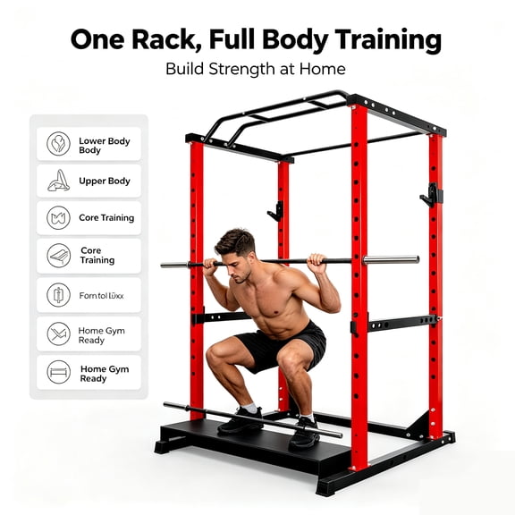 Power Cage Squat Rack, 1200 Lbs Capacity Adjustable Squat Stand with 14-Level J-Hooks & Safety Bars, Multi-Function Weight Lifting Rack for Home Gym Fitness, Red