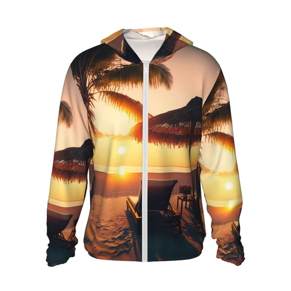 Saiise Hawaiian Sunset Beach Pattern Sun Protection Hoodie for Men and Women, Lightweight Quick-Dry Windproof with Hood and Zip-Medium