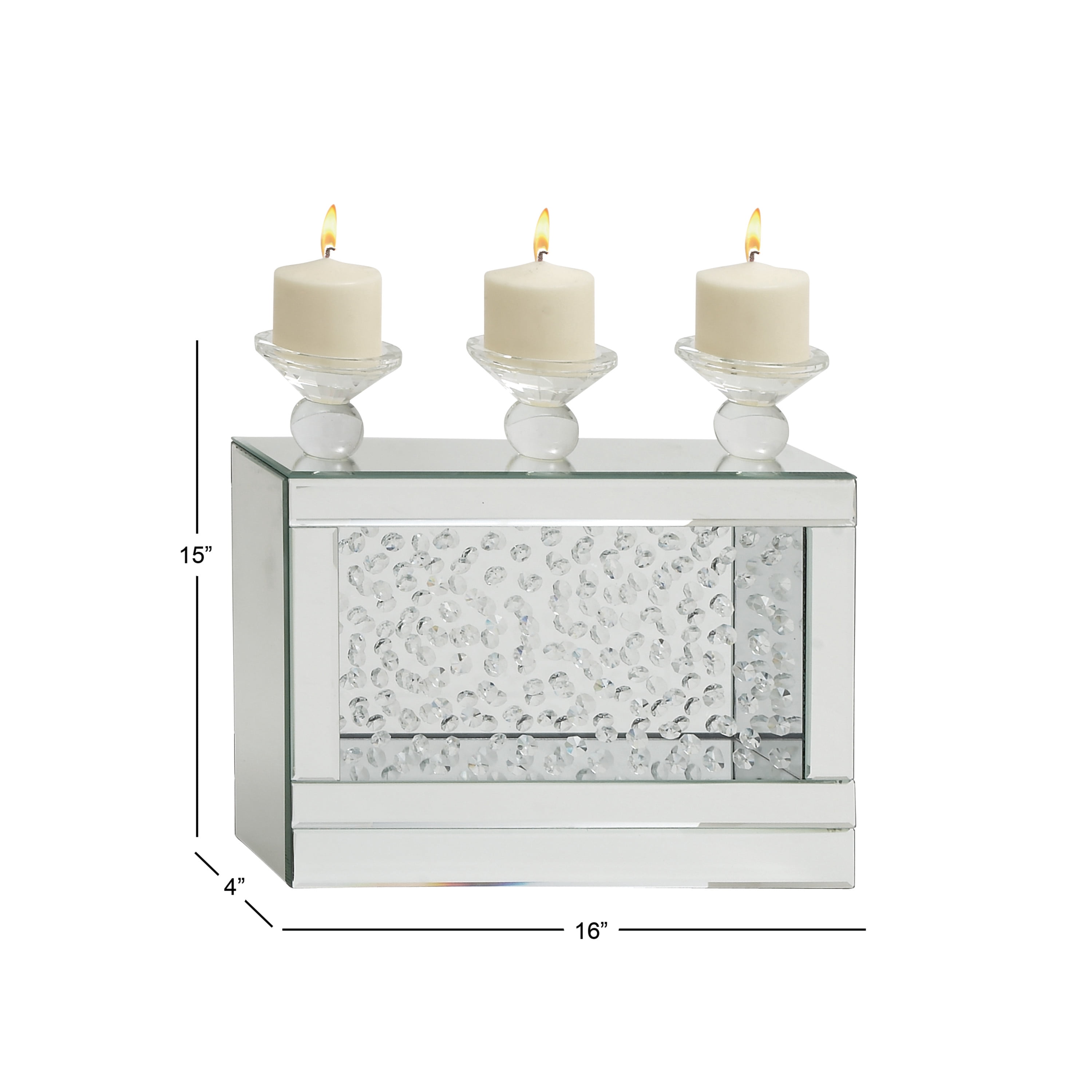 DecMode 3 Holder Silver Wood Pillar Candelabra with Mirrored Accents and Crystals