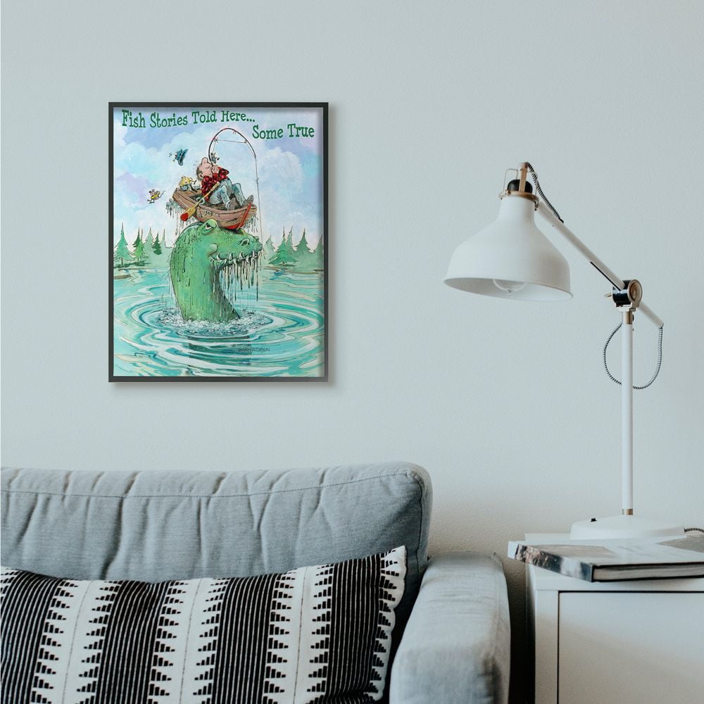 Stupell Industries Stories Told Here Funny Sports Fishing Cartoon Design Framed Wall Art by Gary Patterson