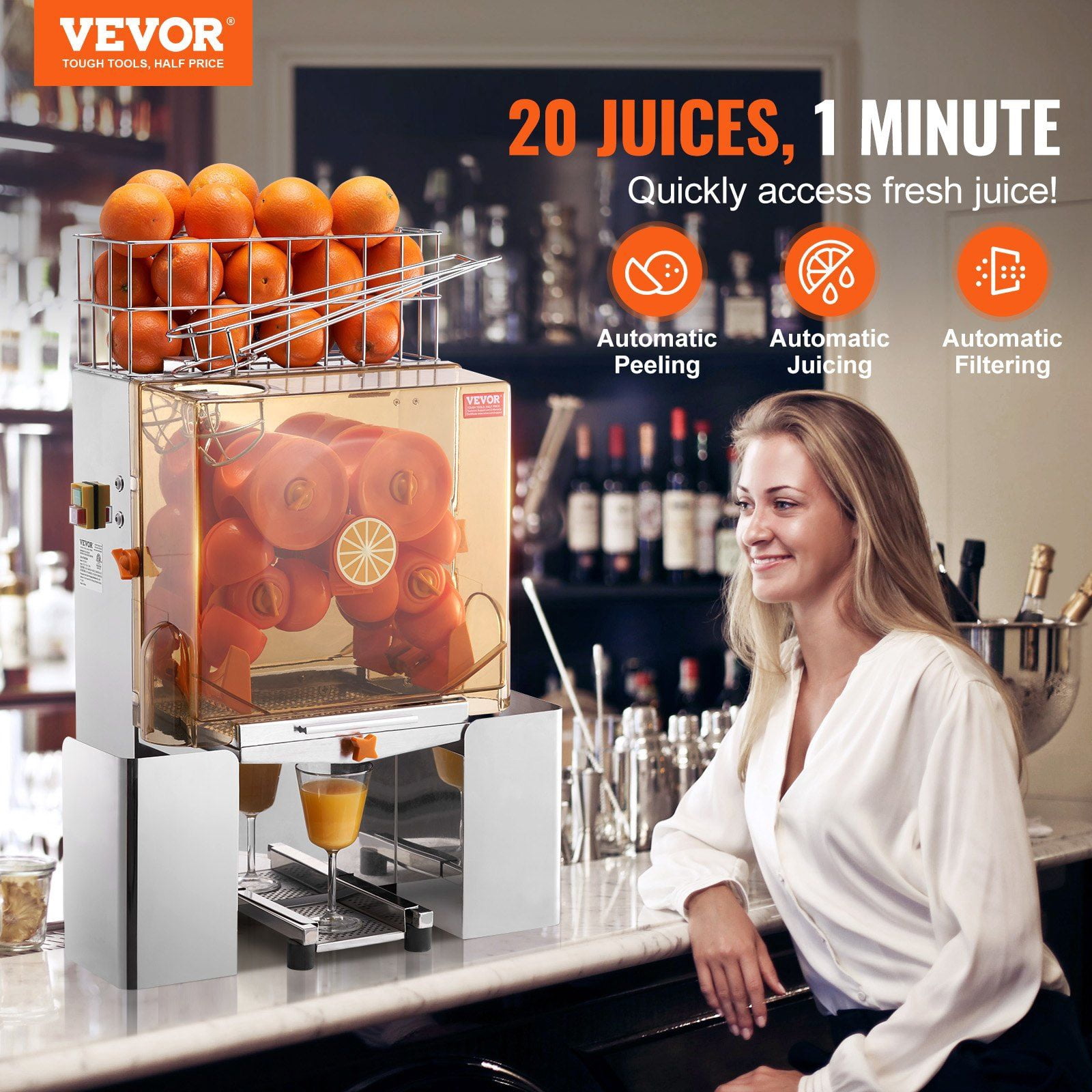 HCY Commercial Orange Juicer Machine, 120W Automatic Juice Extractor, Stainless Steel Orange Squeezer for 20 Oranges Per Minute, with Pull-Out Filter Box, PC Cover, 2 Peel Collecting Buckets