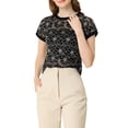 thumbnail image 6 of MODA NOVA Juniors Casual Sheer Short Sleeves Floral Lace Top Black White S, 6 of 7