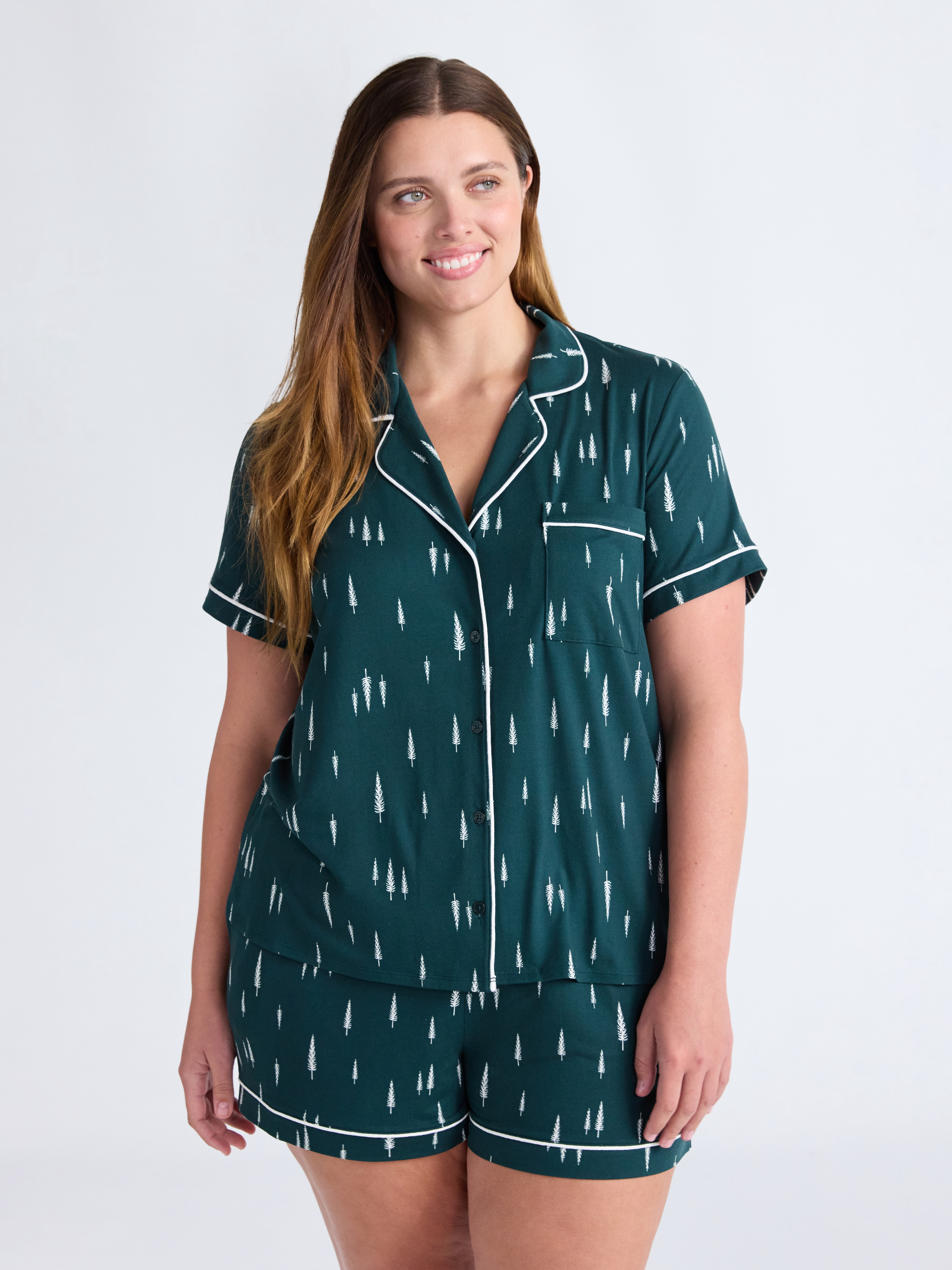 Joyspun Women’s Dreamy Soft Collection Notch Collar Knit Top and Boxer Shorts Pajama Set, Sizes XS-3X