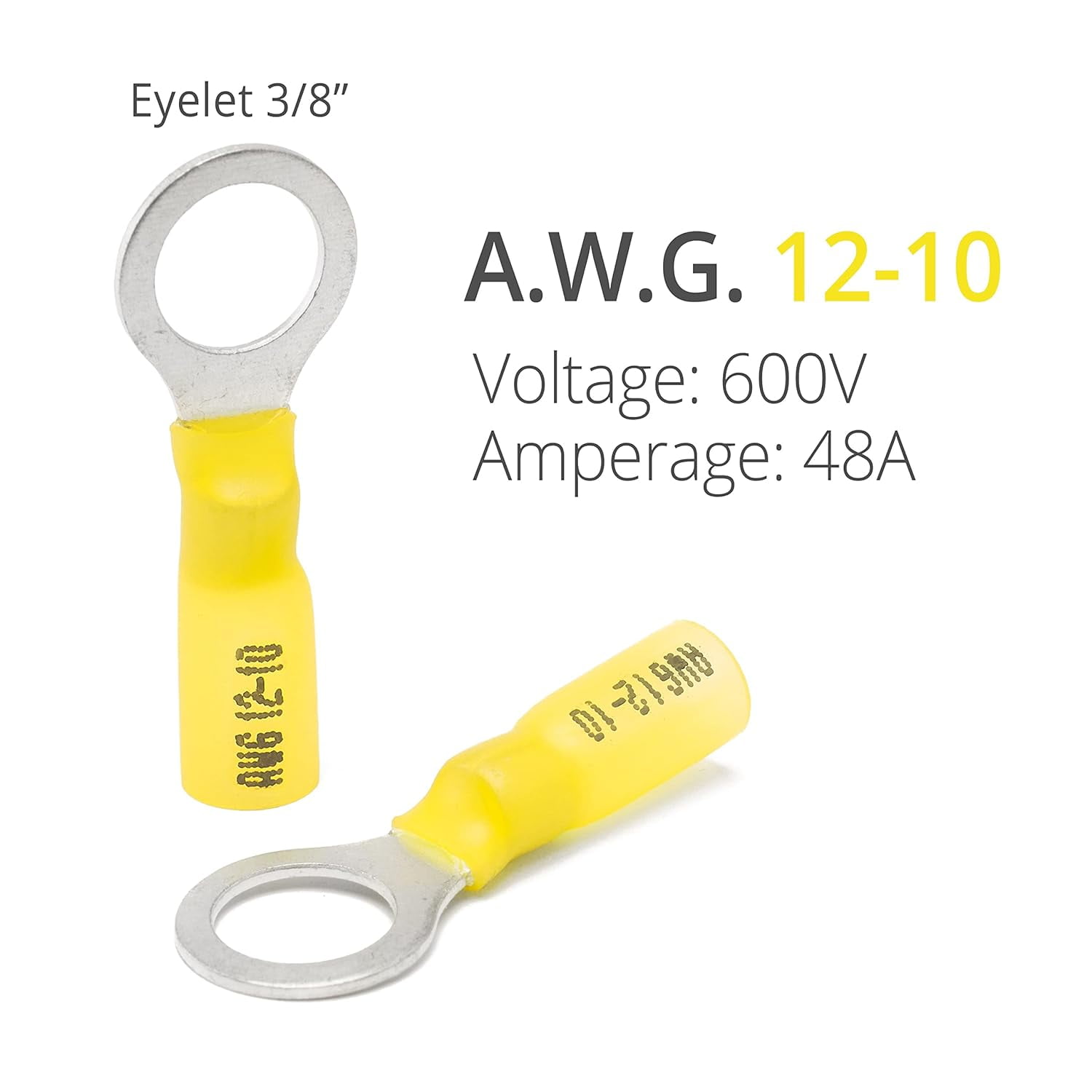 90 heat shrink ring terminals 3/8 inch - tensile resistant ring connectors - eye-shaped wire connectors - yellow 10-12
