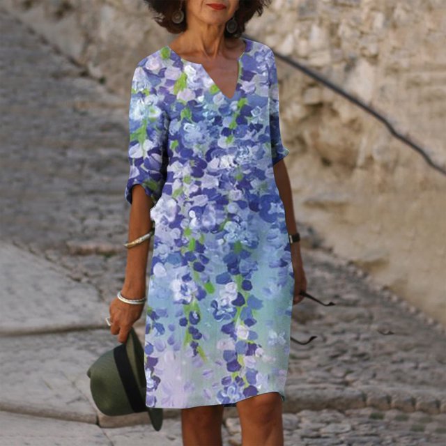 Robes pour Femmes 2024 Été Ample Décontracté Coton Lin Manches Courtes Col Rond Robe Manches Courtes Col Rond Robe 50 % de Réduction!