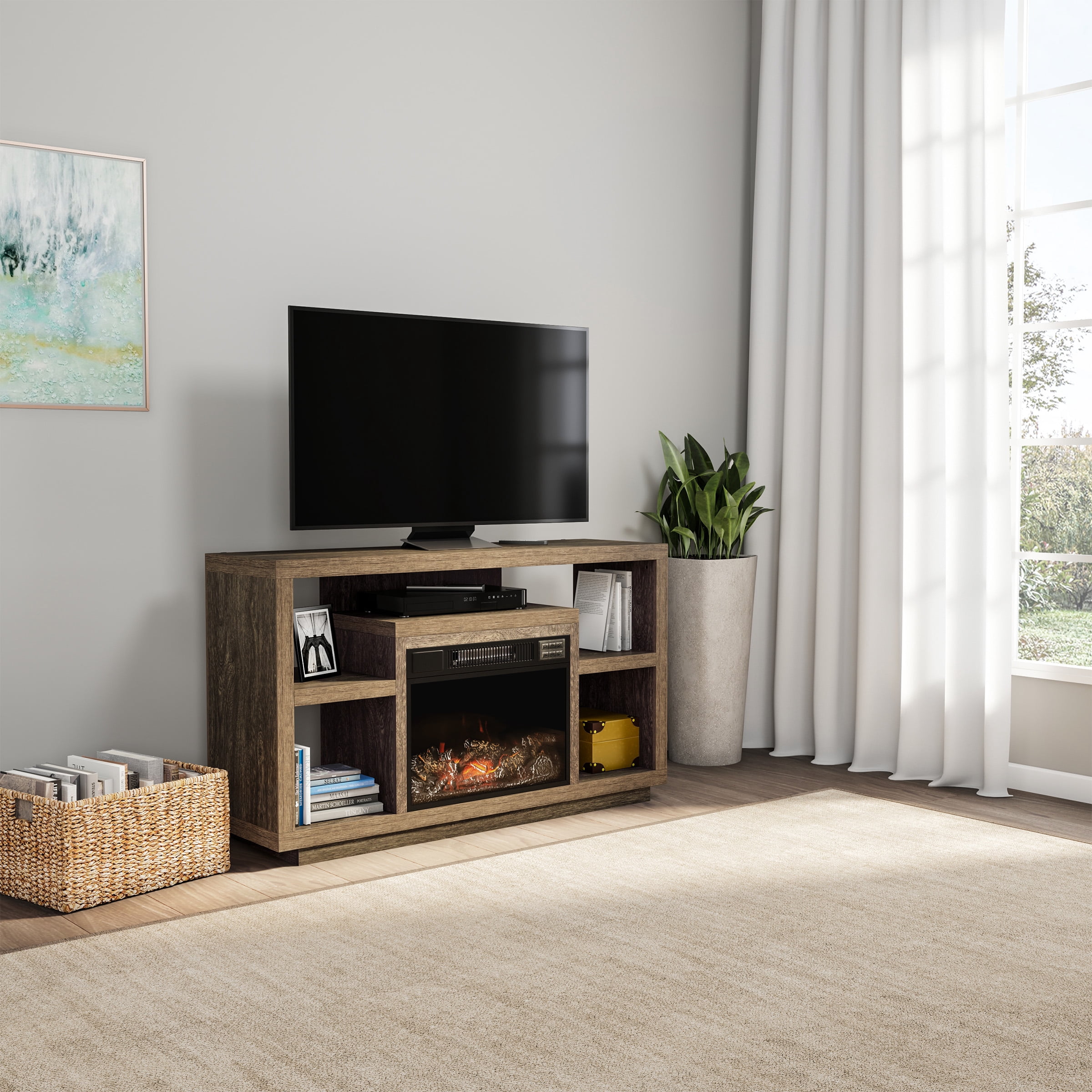 Electric Fireplace TV Stand- For TVs up to 48" Console, Media Shelves, Remote Control, LED Flames by Northwest