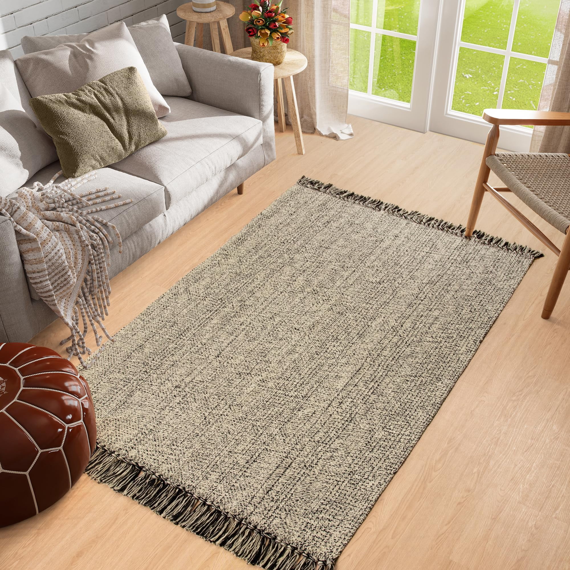 SUNDEREY 3'x5' Washable Bedroom Rugs,Area Rug,3x5ft Bohemian Kitchen Rug, Cotton Woven Entryway Rug, Modern Braided Door Mat,Stain Resistant Boho Rug Low-Pile Throw Rug for ‎Dining Room Office,Black