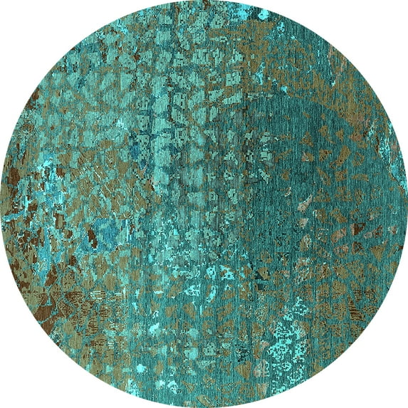 Ahgly Company Machine Washable Indoor Round Oriental Turquoise Blue Industrial Area Rugs, 3' Round