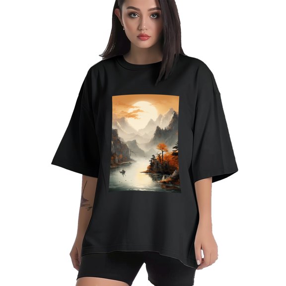 Plus Size Shirt for Women Black Tops for Women Short Sleeves Shirt for Women Autumn Landscape T Shirt Crewneck Shirt for Women XS
