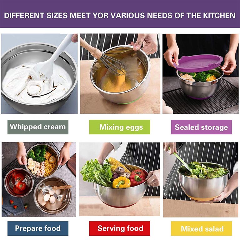  E-far Mixing Bowls with Lids Set of 5, Stainless Steel Mixing  Bowls Metal Nesting Bowls with Airtight Lids, Non-toxic & Dishwasher Safe,  Great for Cooking, Baking, Serving - Size 0.7/1/1.5/3/4.5QT: Home