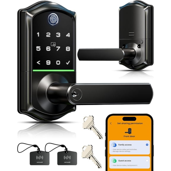 Veise VE019 Smart Lever Lock, Keypad Door Knob with Handle, Matte Black | Fingerprint Unlock, 2 Fobs, App Control Remote Access Sharing, Touchscreen, IP55 Waterproof, for Airbnb, Front Door, Bedroom