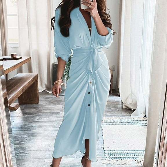 qolati Women 2023 Long Sleeve Dress Trendy Lapel V Neck Button Down Satin Dress Belted Elegant Ruched Spring Summer Maxi Shirt Dresses