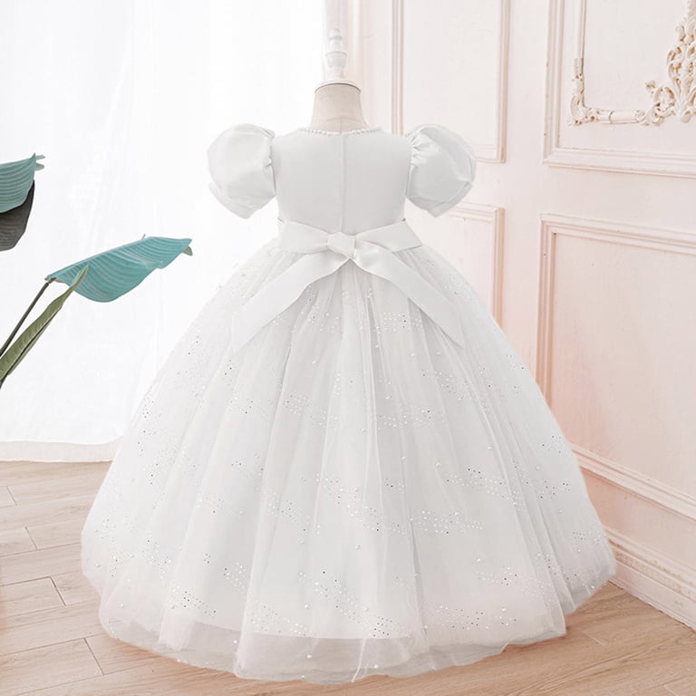 Miluxas Kids Sparkle Glitter Tulle Princess Party Dress, Bubble Short Sleeve Bow Waist Elegant Maxi Gown, Flowy Full Skirt formal Outfit White 11-12