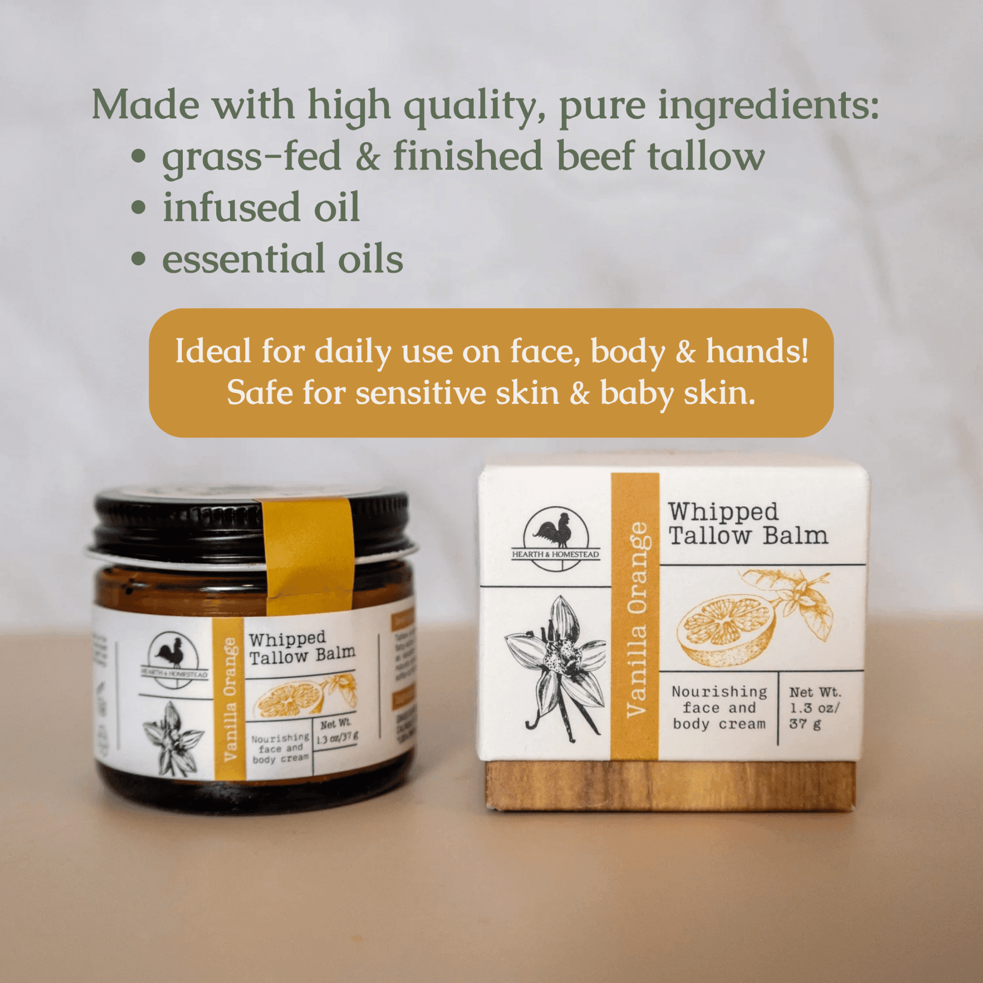 Hearth and Homestead Whipped Tallow Balm Vanilla Orange Moisturizer 1.3 oz