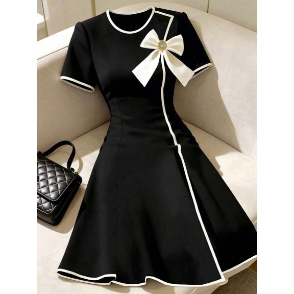 Black And White Contrast Trim Bow Detail Elegant Short Sleeve Fit & Flare Mini Dress