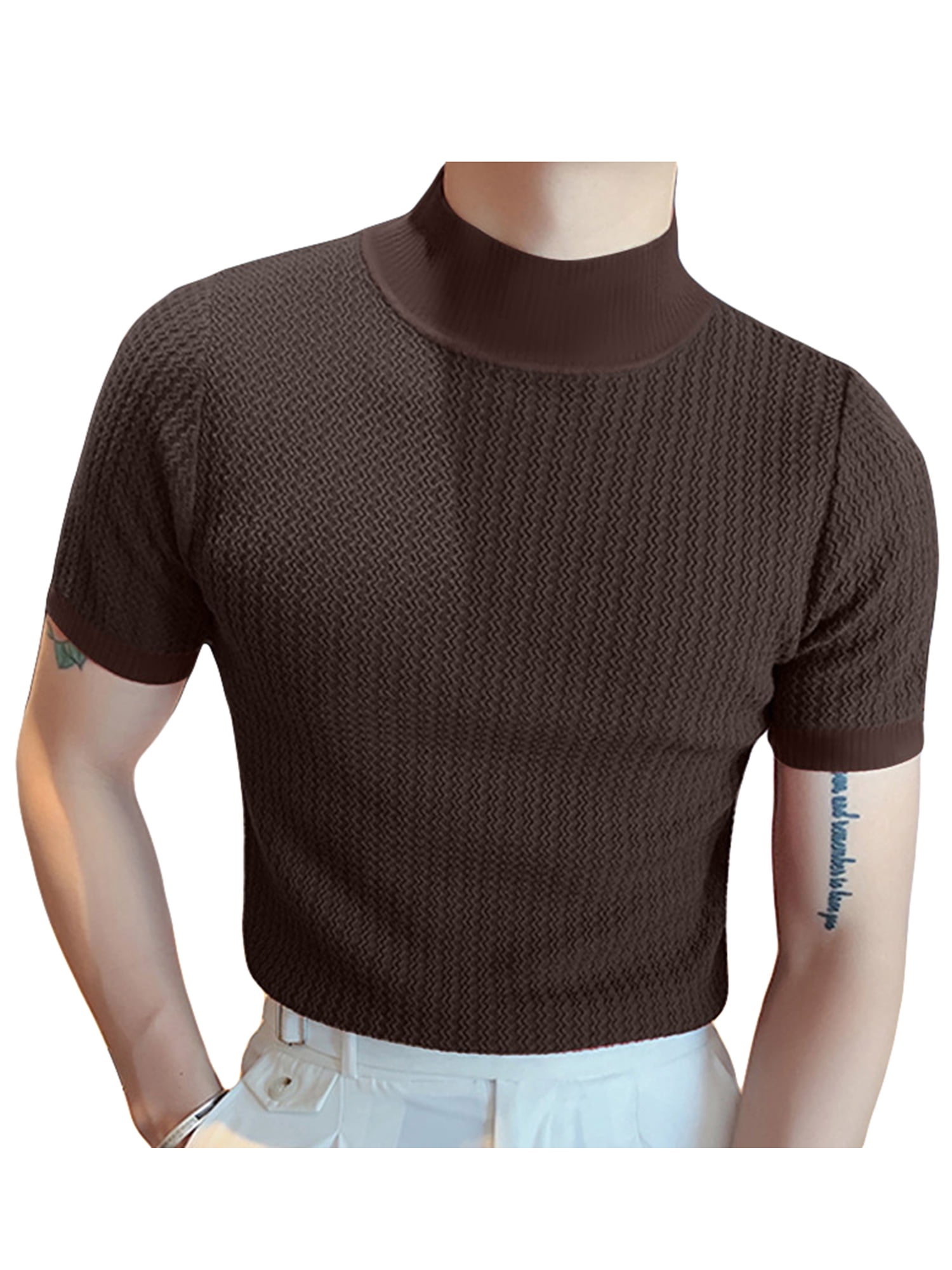 最安値！ theredthread S knit fit tops Faithtur Men's High Neck Knit Tops, Solid Color Jacquard Short