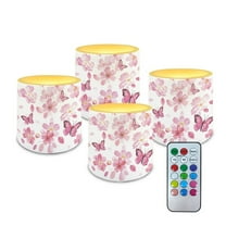 Kuiaobaty Flameless Candles Set of 4 Battery Powered LED Pillar Candle Tealights 3 x 3 Inches Home Decoration Remote for Wedding Beach Party Decor Butterfly Cherry Blossom Pink Pattern