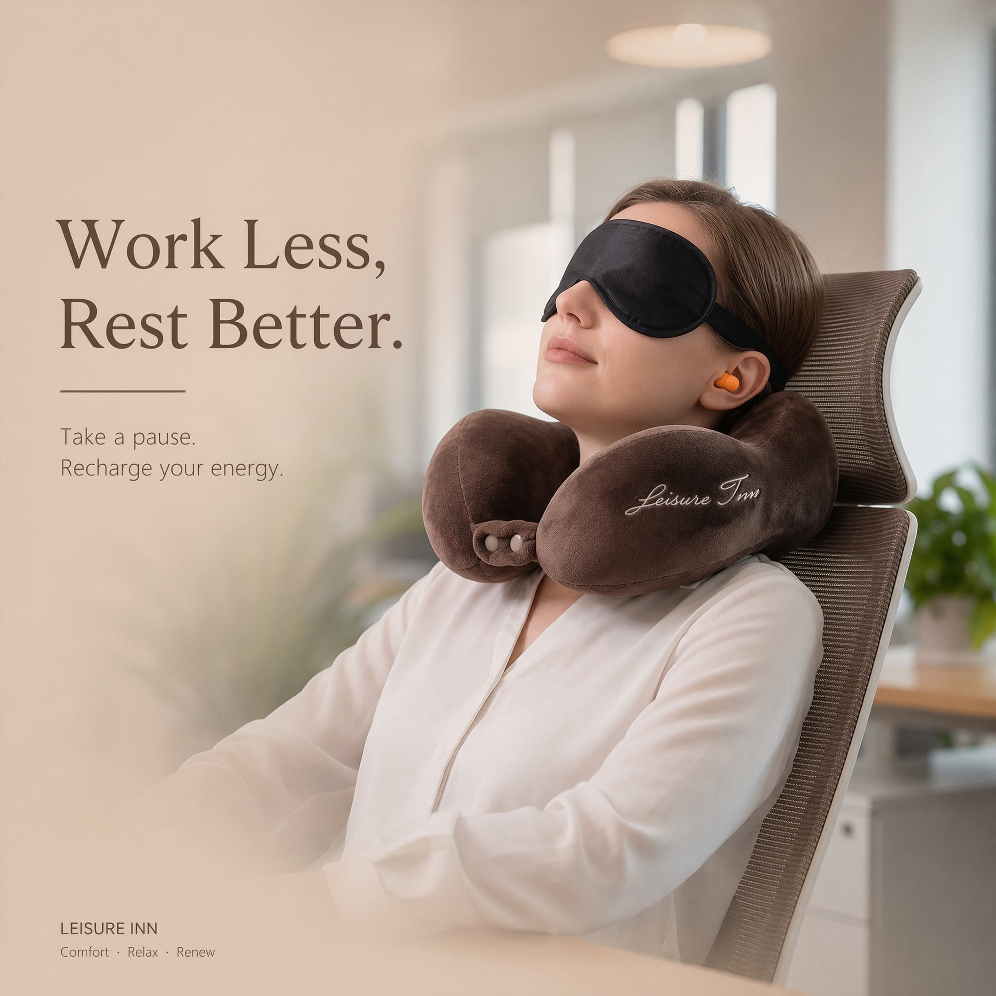 Unique Bargains PP Cotton U Shape Neck Pillow with Earplugs and Eye Mask Coffee 11"x10"x4"