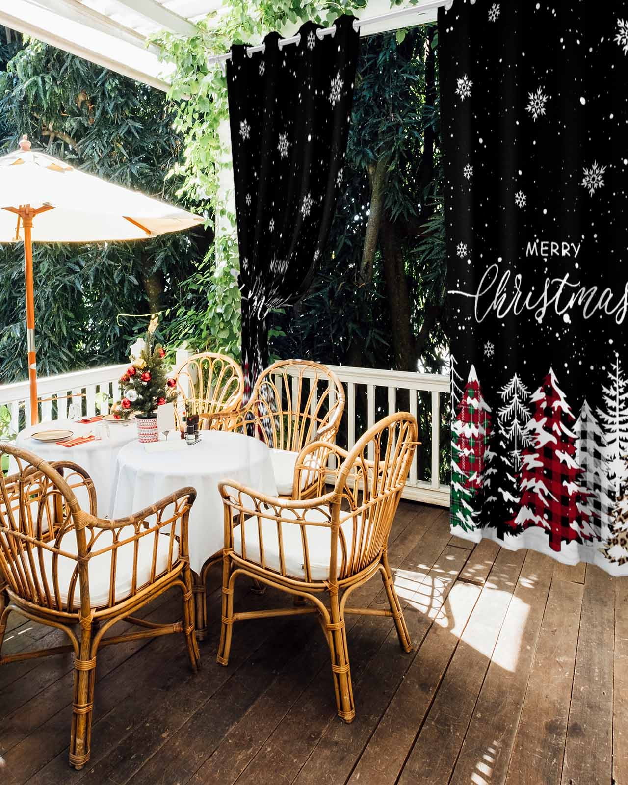 Outdoor Curtains for Patio, Black Christmas Tree Waterproof Blackout Outside Curtain for Porch/Pergola/Gazebo, Winter Xmas Tree Snowflake Thermal Insulated Drapes for Cabana, 2 Panels, 54 x 95 Inch