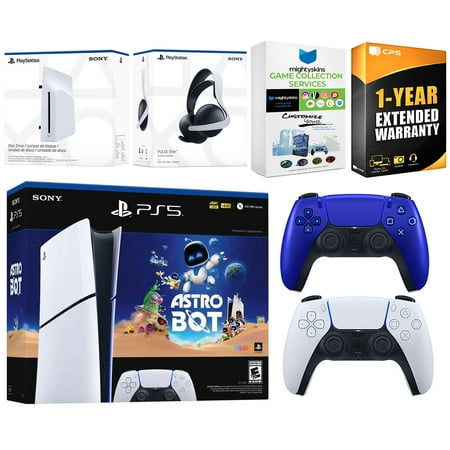 Sony PlayStation 5 Slim Digital Astro Bot Bundle with Disc Drive, Extra Controller, MightySkins Voucher and 1 Year Extended Warranty - Cobalt Blue