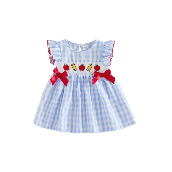 BemeyourBBs Toddler Baby Girls Back to School Dress Baby Girl Kindergarten Outfit Kids Summer Smocked Dress Fly Sleeve Crew Neck Apple Pencil Embroidery Gingham Plaid Dress