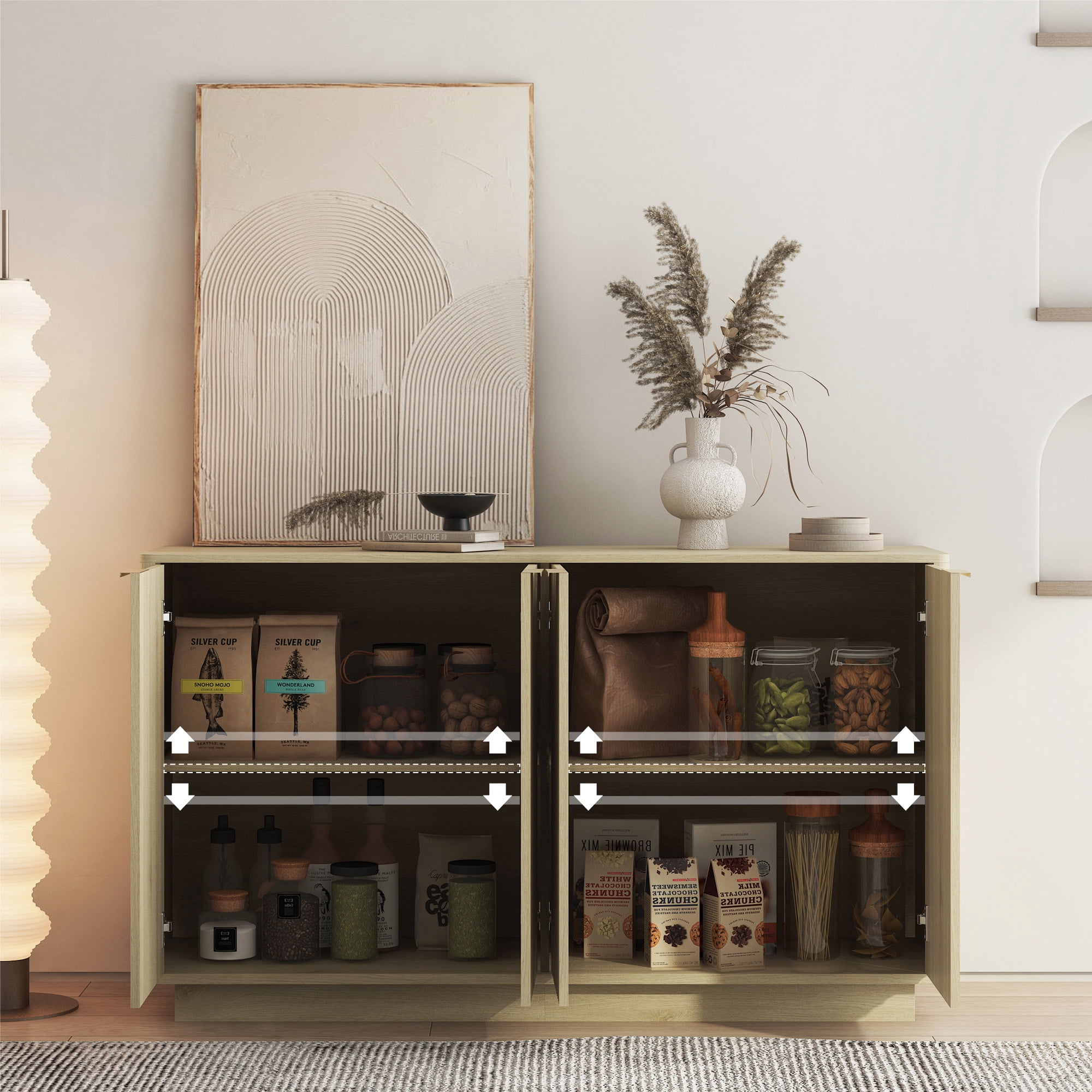 Aukfa Fluted Wood Sideboard Buffet Cabinet with Adjustable Shelves, Accent Storage Cabinet,Oak