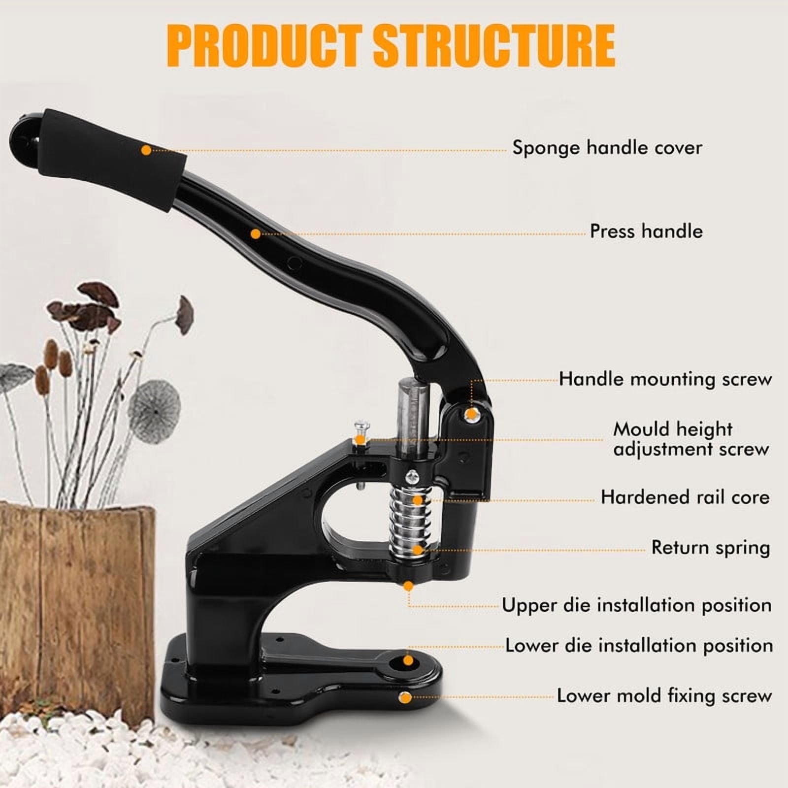 Heavy-duty Punching Machine Kit, Hand-pressed Punching Rivet Setting Tool, For Fabrics, Leather, Banners And DIY Projects, 3 Molds (6mm, 10mm, 12mm) And 3000 Gold And Silver Sealing Rings (Black)