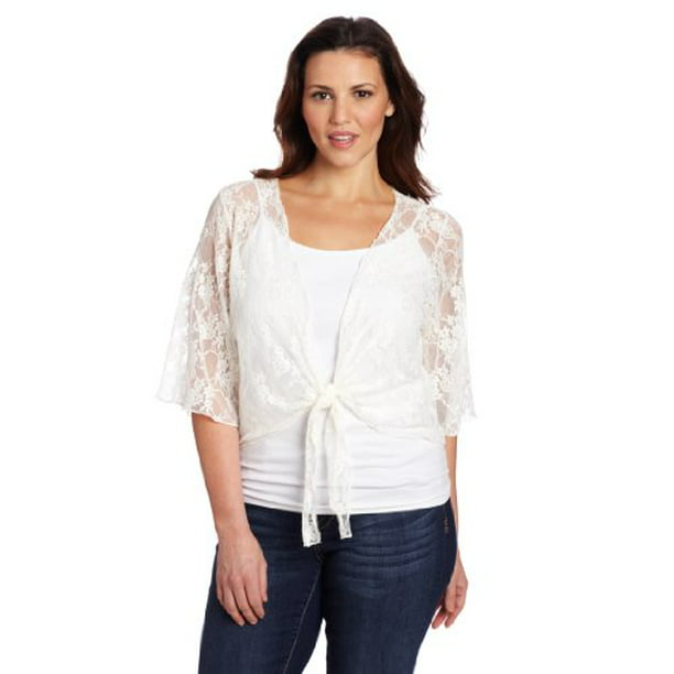 Star Vixen Women's Plus-Size 3/4 Sleeve Lace Tie Front Shrug Sweater,  Ivory, 2X - Walmart.com