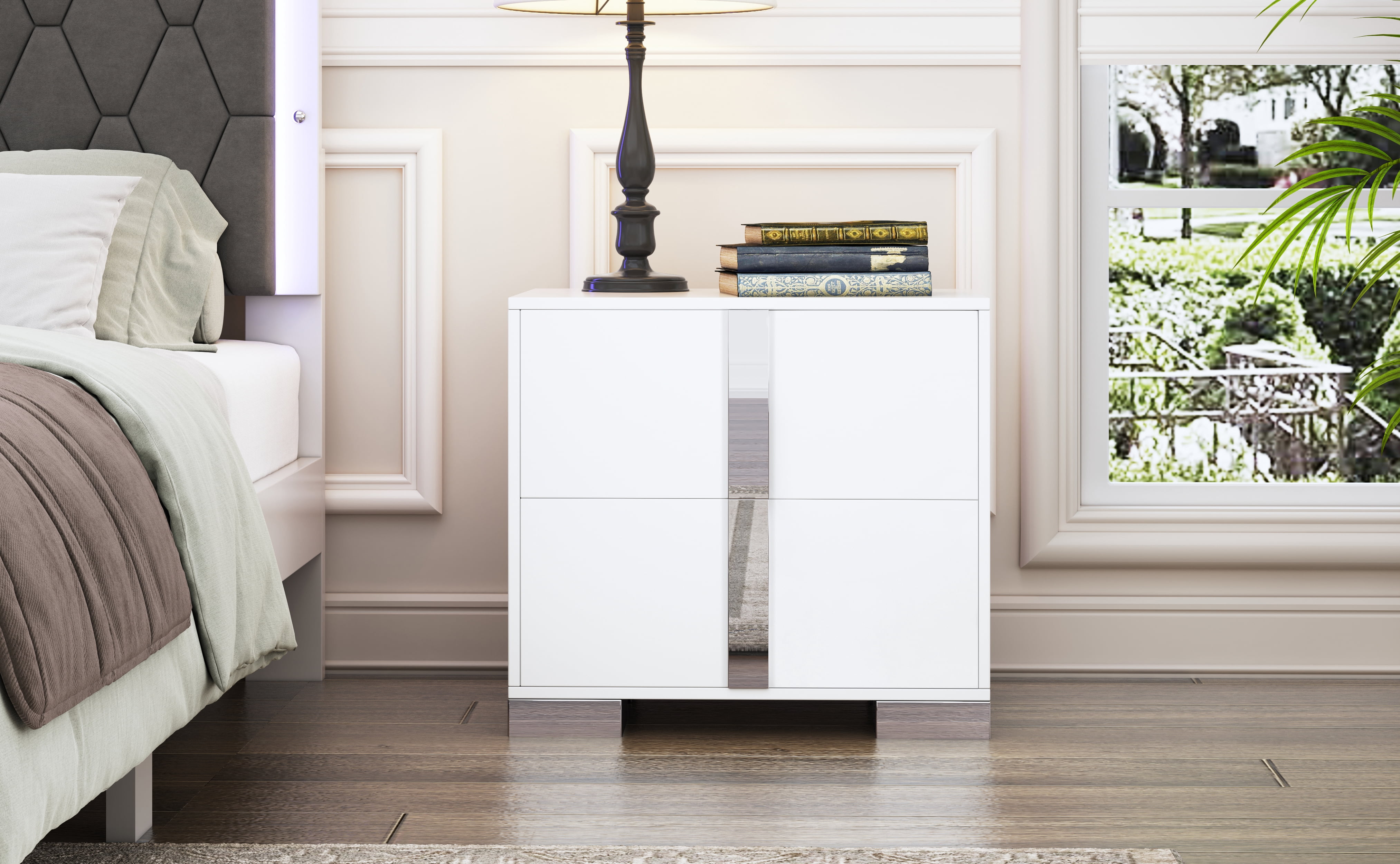 Euroco Wooden Nightstand with 2 Drawers & Metal Foot,Mirrored Bedside Table for Bedroom, Living Room,White