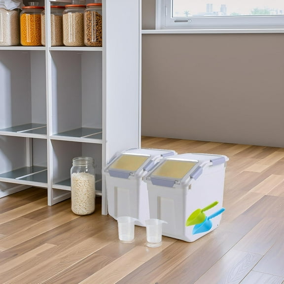 Large Flour & Food Storage Container 25LB, Rice Dispenser & Dog Food Container with Lid, Plastic for Rice, Flour, Dry Food Organization Cat Food Bin Bulk on wheels (Gray)