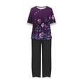 thumbnail image 4 of DDAPJ pyju Womens Cotton Linen 2 Piece Outfits Dressy Floral Print Half Sleeve Blouse Tops with Elastic Waist Capri Pants Suits Plus Size Lounge Matching Set Purple XXXXL, 4 of 6