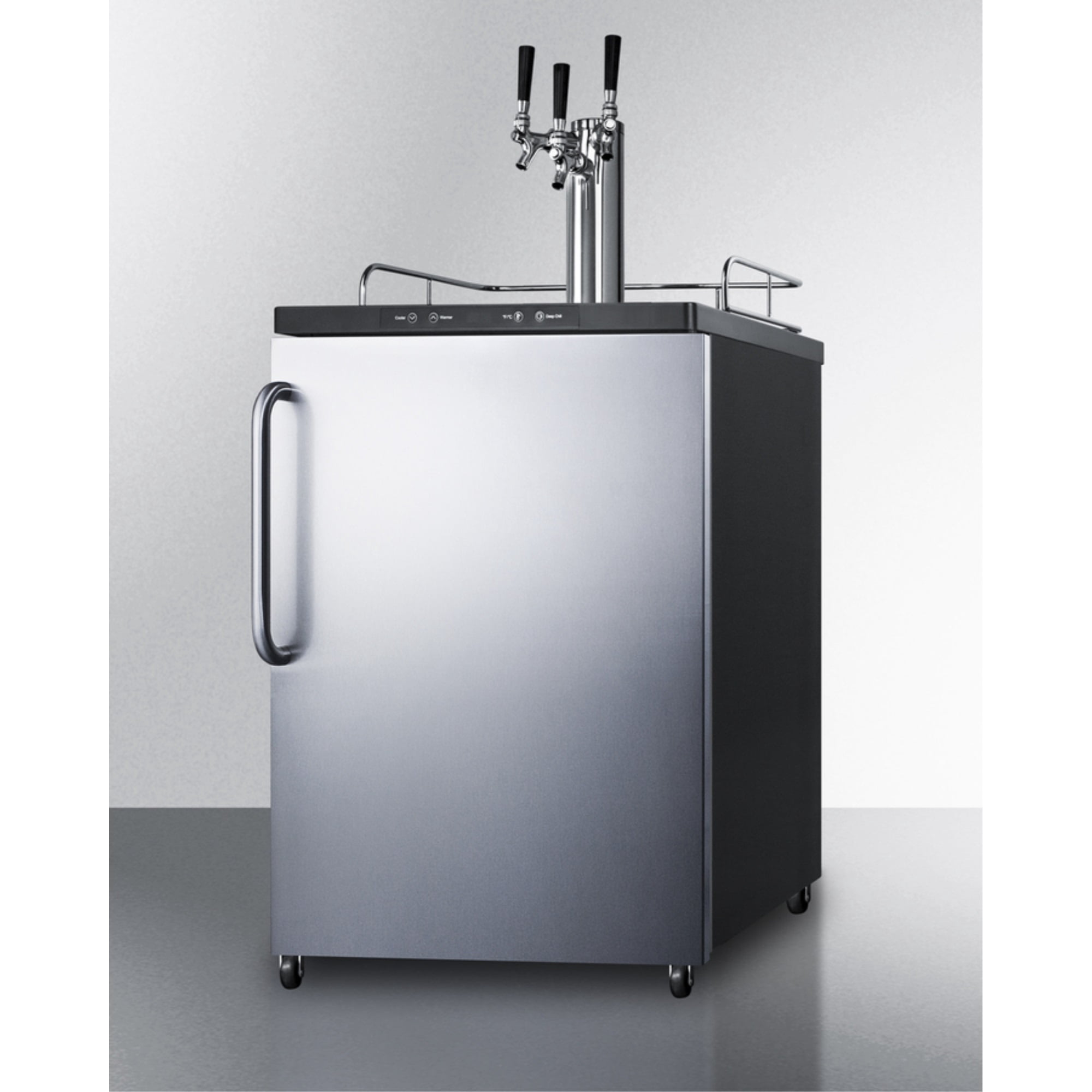 Freestanding residential beer dispenser, auto defrost with triple tap kit, digital thermostat and stainless steel door