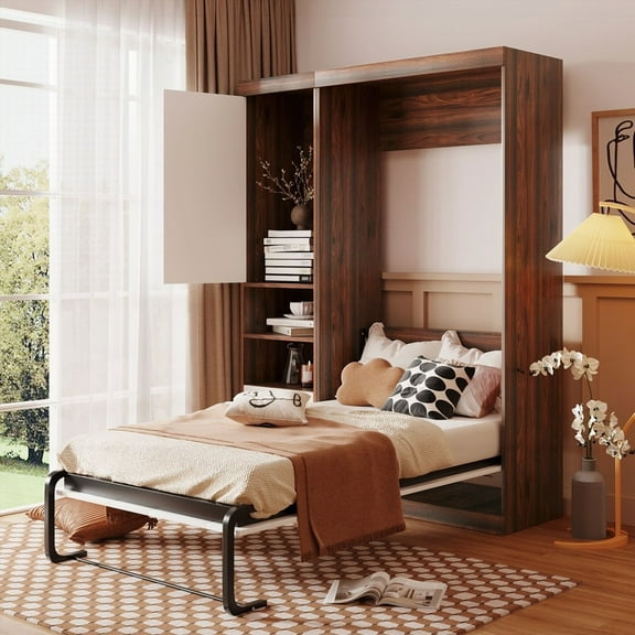Murphy Bed Wall Bed Twin Size with Cabinet, White & Space-Saving