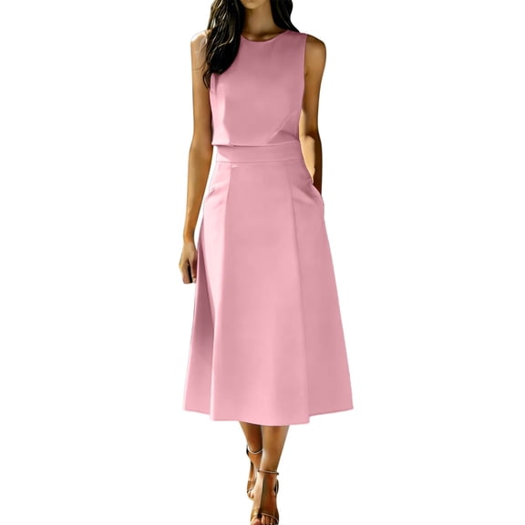 Elegant Matching Sets for Women Round Neck Sleeveless Top with A-Line Midi Skirt Summer Casual Office 2 Piece Set with Pockets Pink S