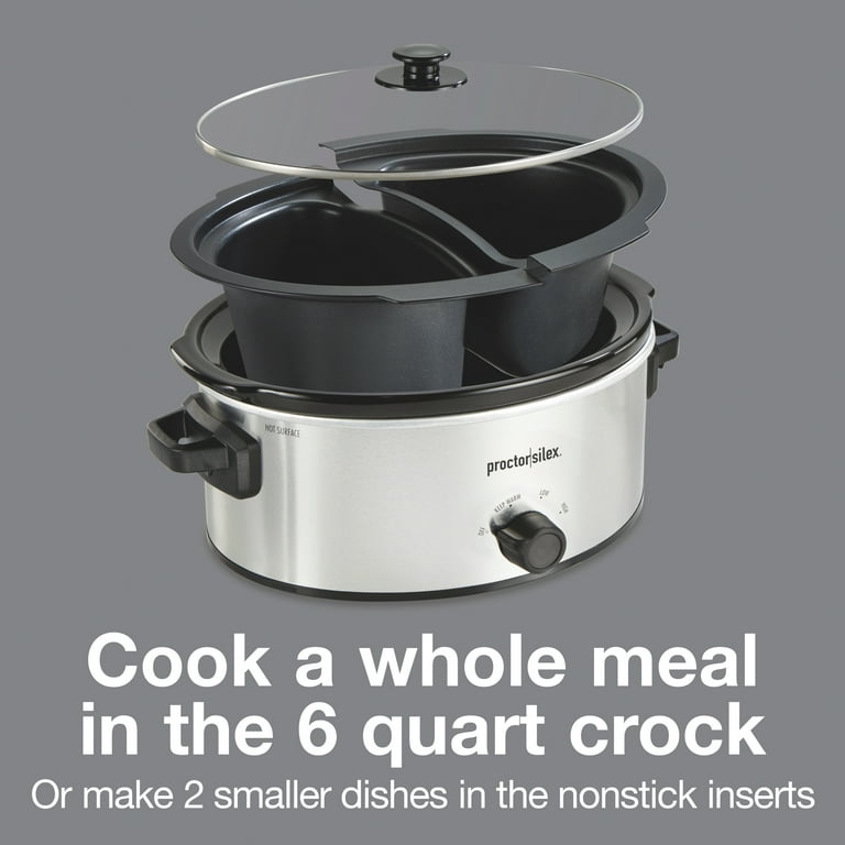 Proctor Silex Double Dish Slow Cooker with 6qt Crock and Dual 2.5qt  Nonstick Insert to Cook Two Meals at Once, Dishwasher Safe Pot & Lid,  Silver