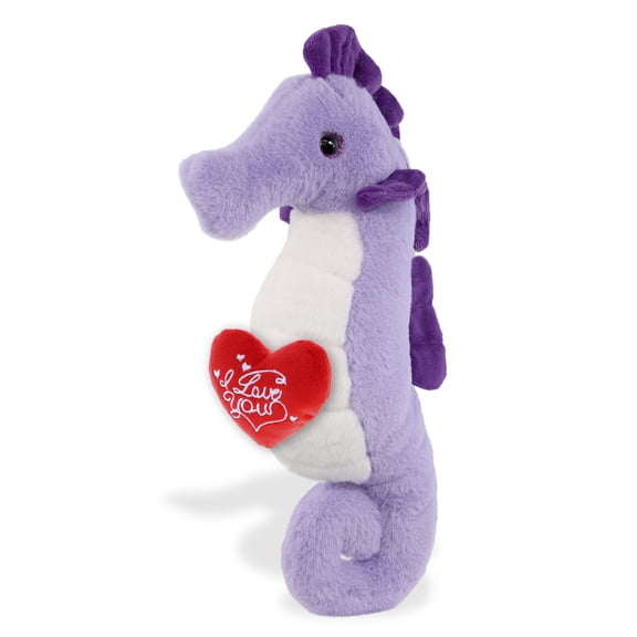 DolliBu I Love You Plush Super Soft Purple Seahorse - Cute Stuffed Animal Seahorse with Red Heart Plush for Valentines, Anniversary, Romantic Date, Boyfriend, or Girlfriend Gift - 12 Inches