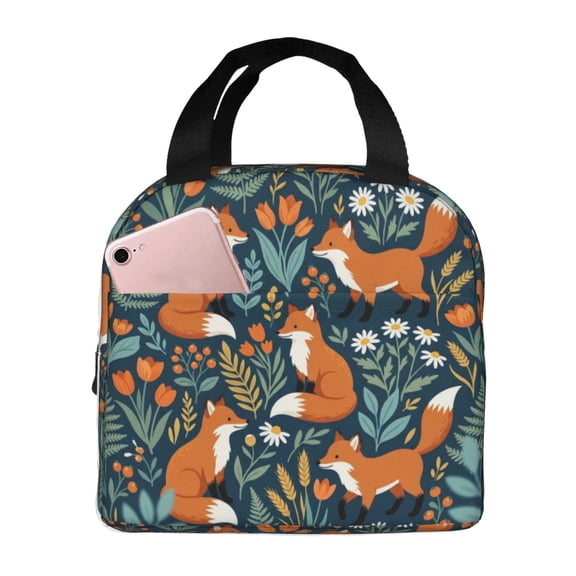 Fox Insulated Lunch Bag Cute Animal Print Reusable Cooler Tote With Front Pocket Handheld Thermal Meal Prep Bag For Work Office Picnic Travel