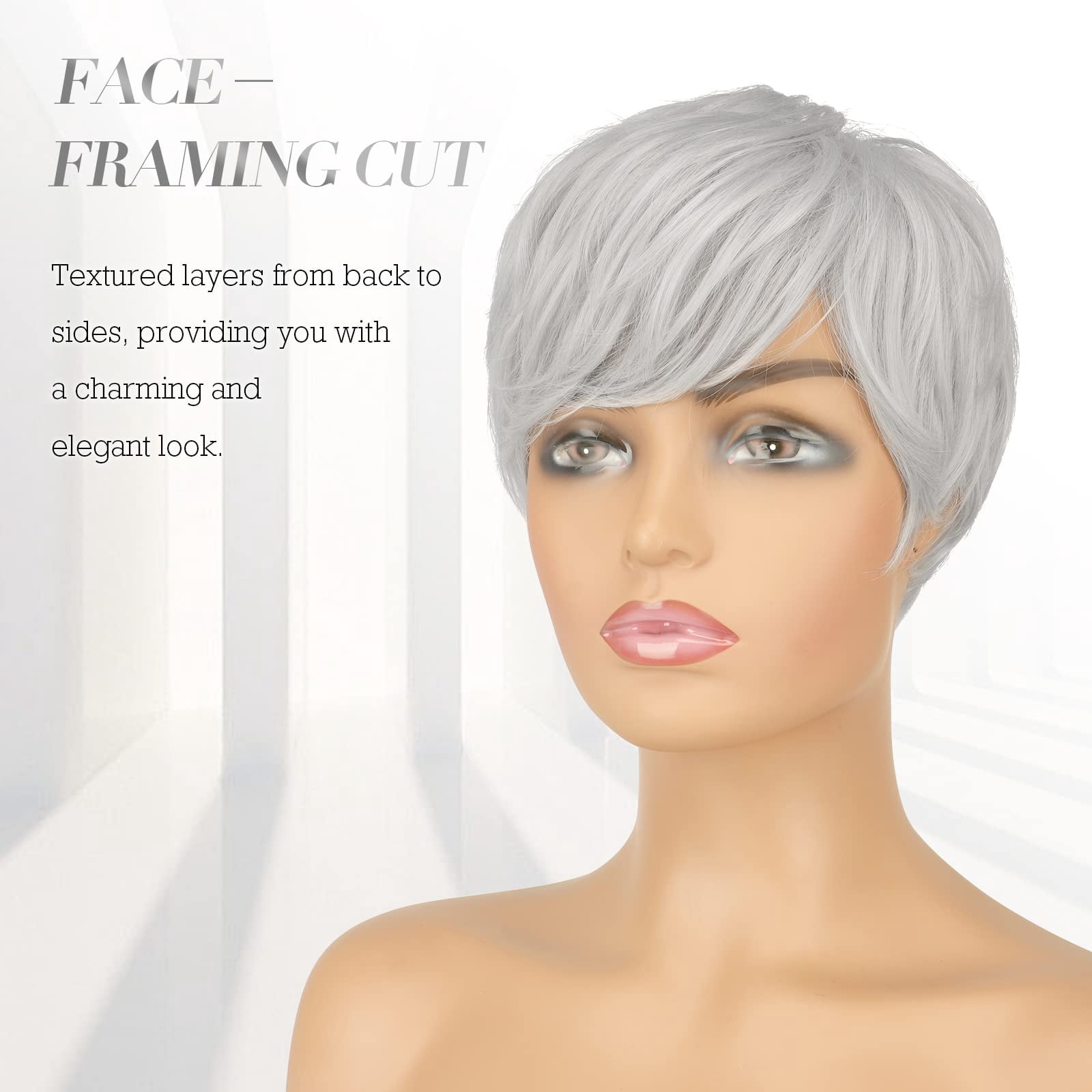 Layered Pixie Cut Wigs Synthetic Short Ombre Gray Wavy Grey to Black Glueless Wig for Women with Bangs