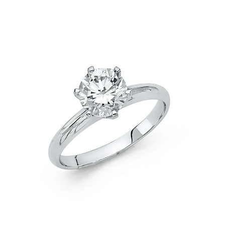 Cubic Zirconia Solitaire Ring - 14K Solid White Gold Classic Traditional Round Brilliant Cut Solitaire Cubic Zirconia Engagement Ring , Size 6
