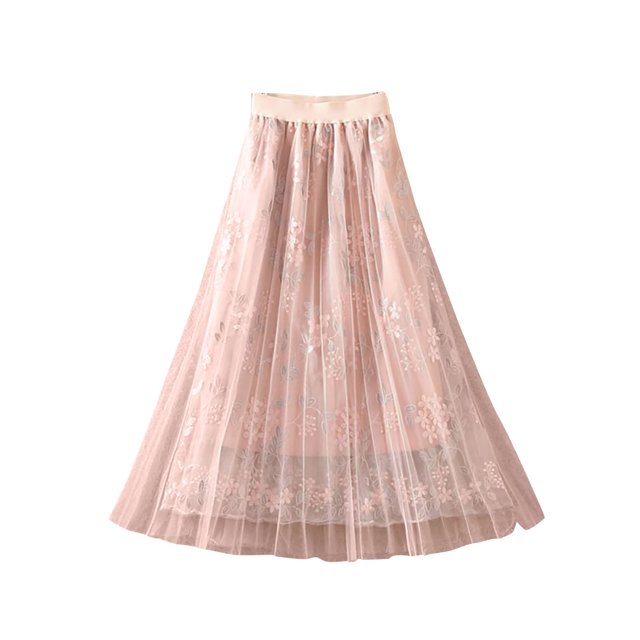 Gibobby mini faldas de mujer sexy Gasa Cintura Primavera Sólido Largo Mujer Falda elástica Falda acampanada(Rosa, XXL)