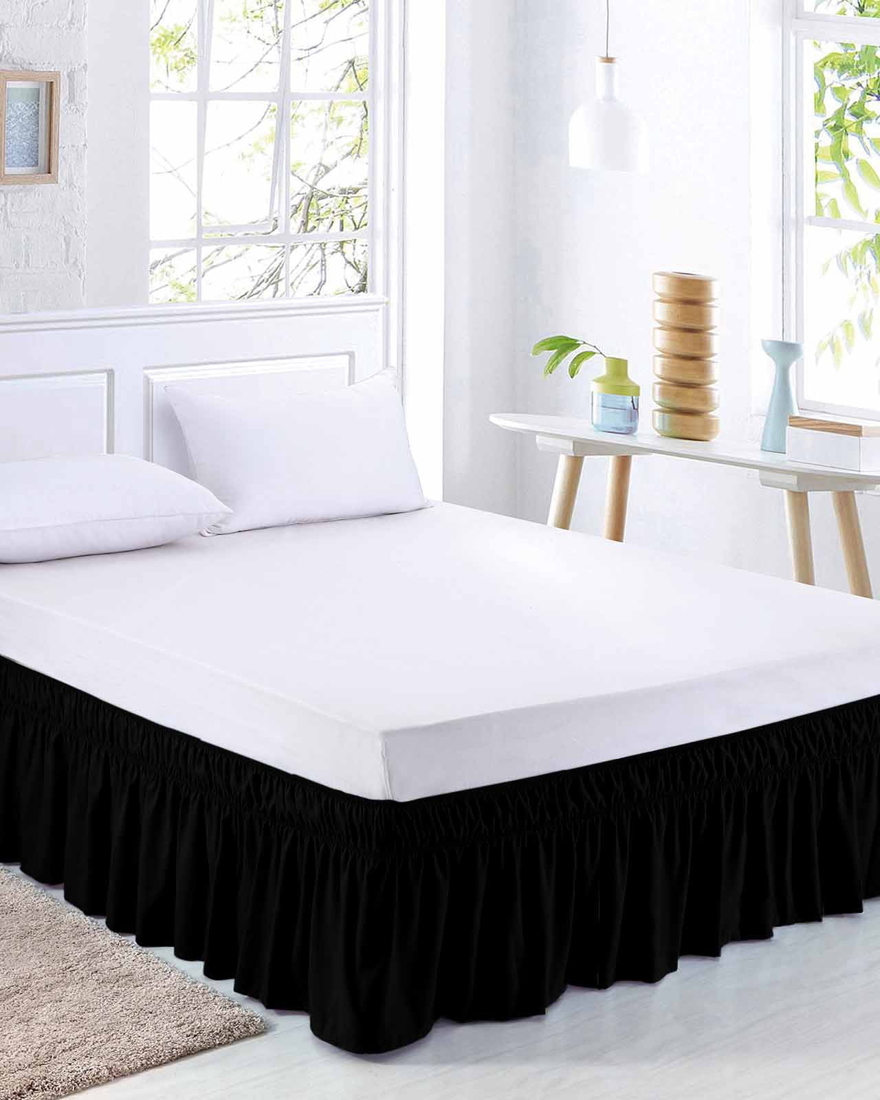 Black Bed Skirt Cal King Size, Pure Black Wrap Around Bed Skirting with Adjustable Elastic Strap, Dust Ruffled Pleated Bedskirts 18 Inch Drop for Bedroom Cal King Beds